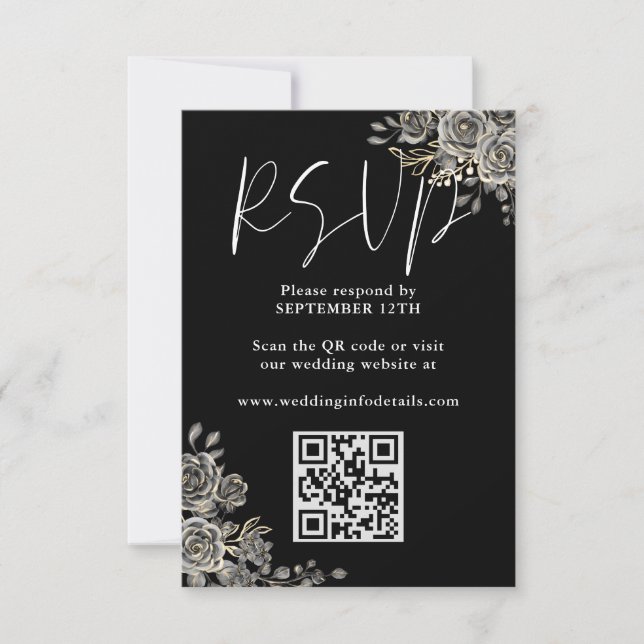 Gothic Floral Black And White Wedding QR Code RSVP Card (Front)