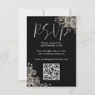 Gothic Floral Black And White Wedding QR Code RSVP Card