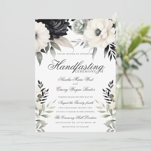 Gothic Floral Dark Boho Black Cream Handfasting Invitation (Standing Front)