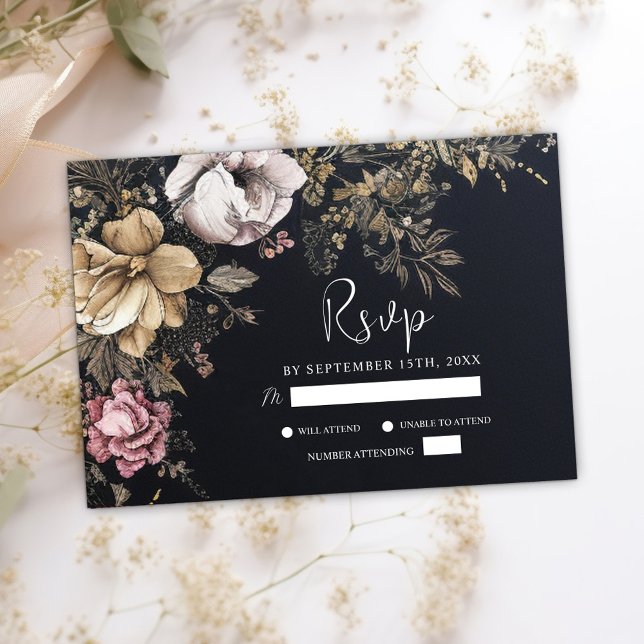 Gothic Floral Dark Unique Black Wedding RSVP Card (Gothic Floral Dark Unique Black Wedding RSVP Card)
