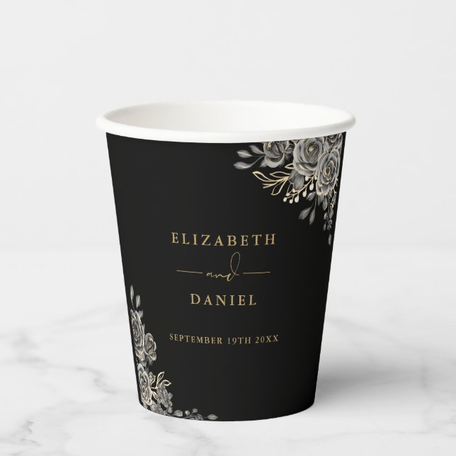 Gothic Floral Elegant Black And Gold Wedding Paper Cups (Front)