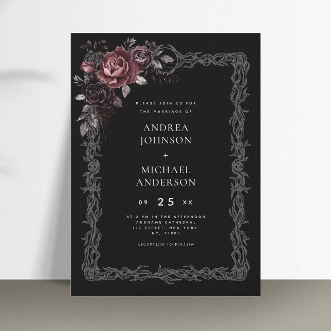 Gothic Floral Frame Dark Goth Halloween Wedding Invitation (Creator Uploaded)