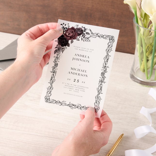 Gothic Floral Frame Dark Goth Halloween Wedding Vellum Invitations (Handheld)