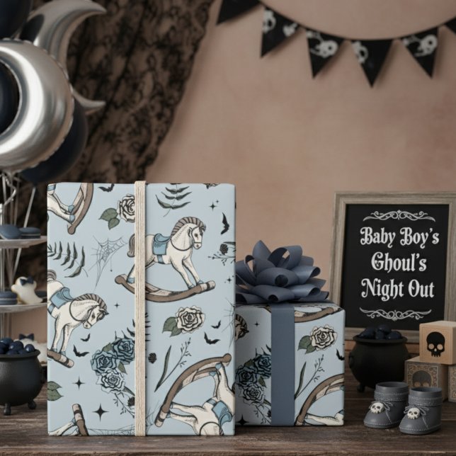 Gothic Floral French Blue Rocking Horse Pattern Wrapping Paper (Gothic Halloween Boy Baby Shower Wrapping Paper. Blue Spooky Vintage Rocking Horse & Roses Pattern)