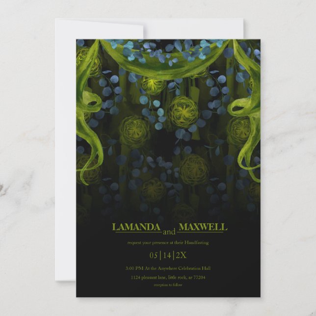 Gothic Floral Green & Black Glow Handfasting Invitation (Front)