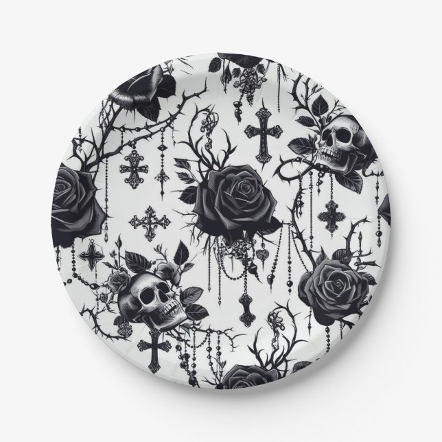 Gothic Floral Paper Plates - Halloween, Wedding (Front)