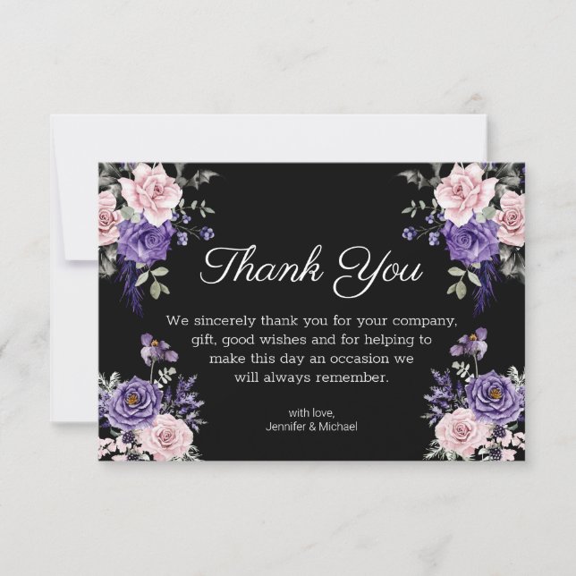 gothic floral purple pink black halloween wedding thank you card (Front)
