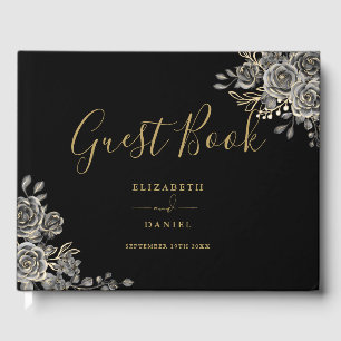 Gothic Floral Roses Black And Gold Photo Wedding Guest Book