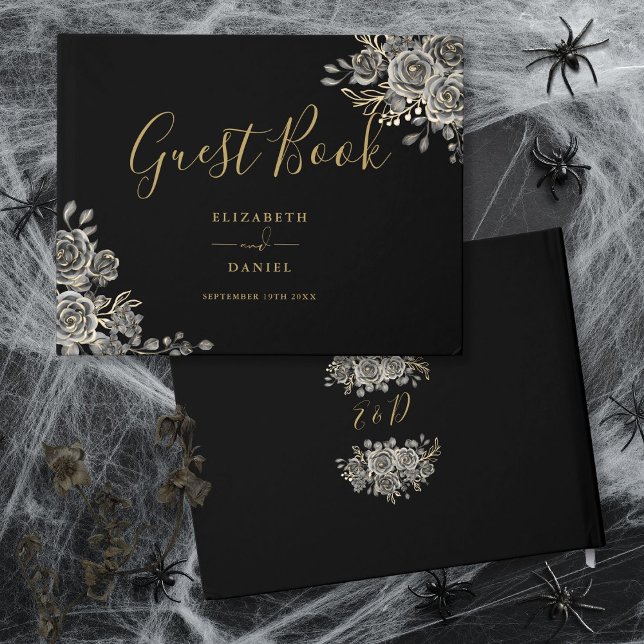 Gothic Floral Roses Black And Gold Wedding Guest Book (Gothic Floral Roses Black And Gold Wedding Guest Book)