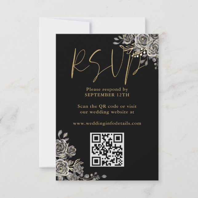 Gothic Floral Roses Black And Gold Wedding QR Code RSVP Card (Front)