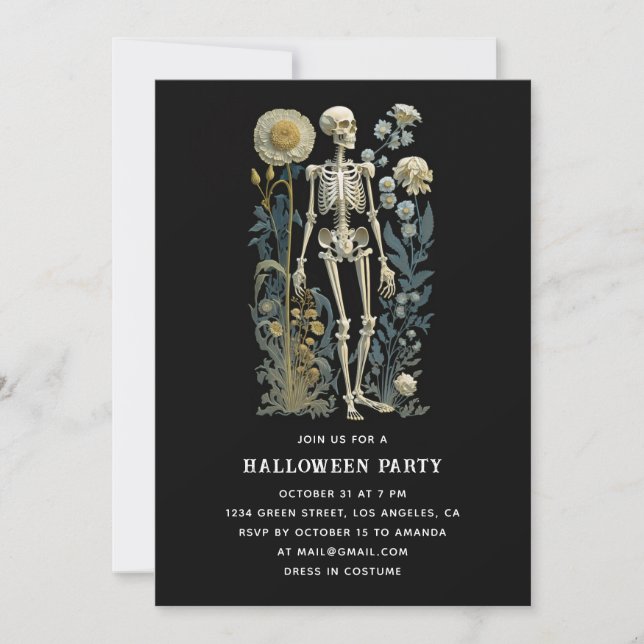 Gothic Floral Skeleton | Black Halloween Party Invitation (Front)
