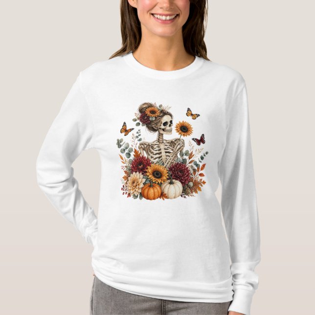 Gothic Floral Skeleton Fall Halloween  T-Shirt (Front)