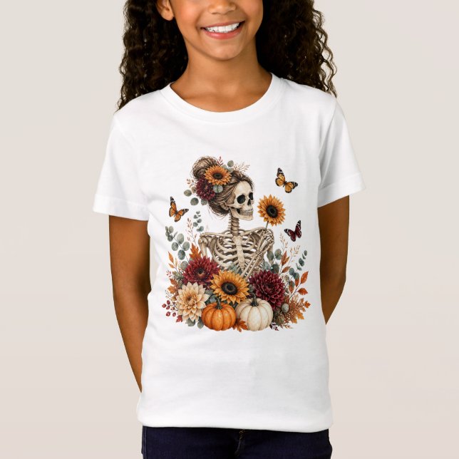 Gothic Floral Skeleton Fall Halloween  T-Shirt (Front)