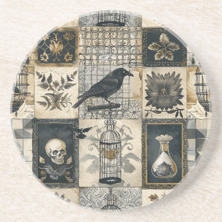 Gothic Floral Skull and Raven Pattern Coaster