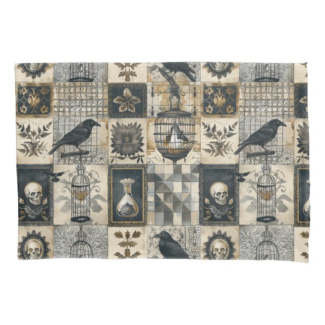 Gothic Floral Skull and Raven Pattern  Pillowcase (Front)
