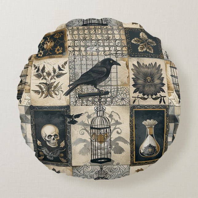 Gothic Floral Skull and Raven Pattern  Round Cushion (Front)
