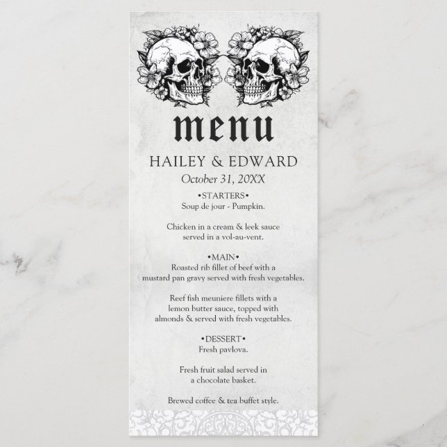 Gothic Floral Skull Black & White Wedding Menu (Front)