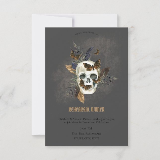 Gothic Floral Skull Butterflies Rehearsal Dinner   Invitation (Front)