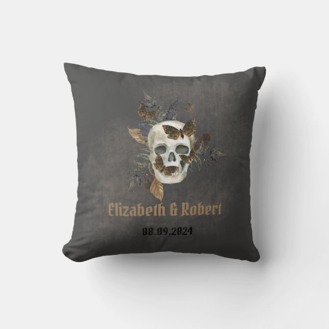 Gothic Floral Skull Butterflies Wedding  Cushion (Front)
