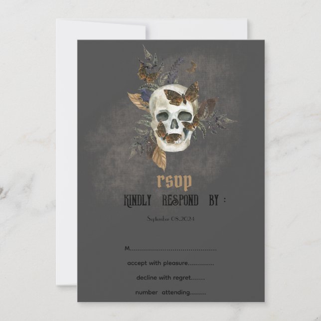 Gothic Floral Skull Butterflies Wedding RSVP   Invitation (Front)
