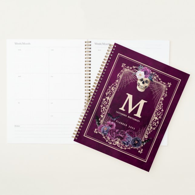 Gothic Floral Skull Custom Monogram & Name Magenta Planner (Display)