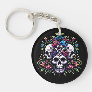 Gothic Floral Skull: Elegance in Art Key Ring