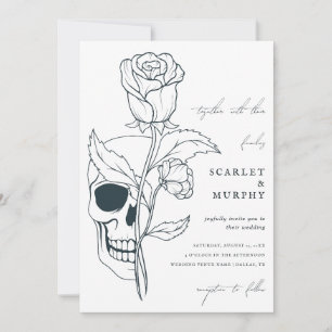 Gothic Floral Skull & Monogram Halloween Wedding Invitation