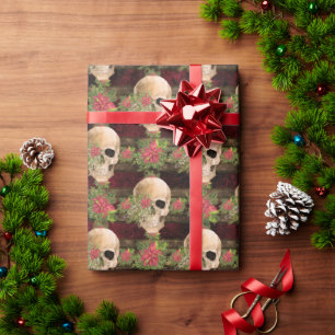 Gothic Floral Skull & Poinsettia Christmas Pattern Wrapping Paper