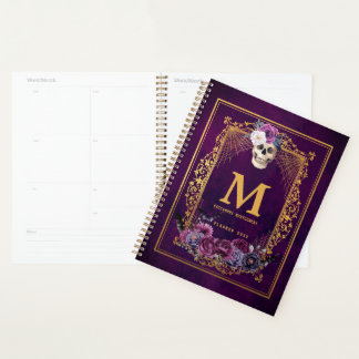 Gothic Floral Skull Purple Custom Monogram Name Planner