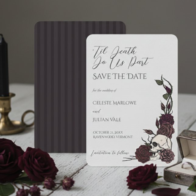 Gothic Floral Skull 'Til Death Save the Date (Dark Floral Gothic Save the Date Cards. Gothic Wedding, Hallowedding, Romantic Event. Skull & Roses)