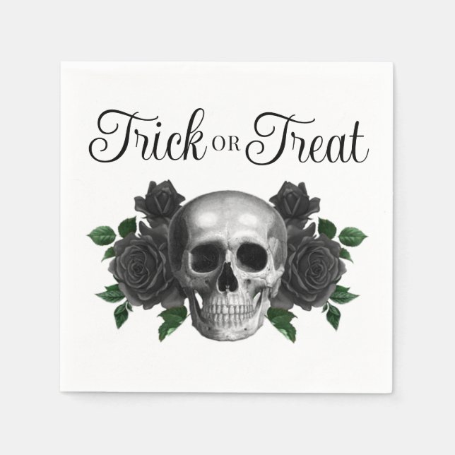 Gothic Floral Skull Trick Or Treat Halloween Napkin (Front)