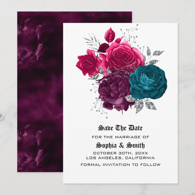 Gothic Floral Wedding Flat Save The Date Card (Front/Back)