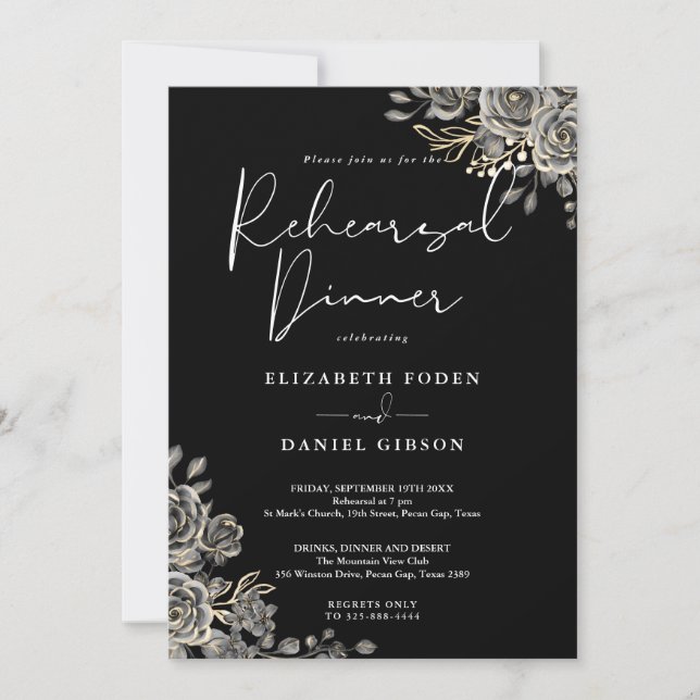 Gothic Floral White And Gold Rehearsal Dinner Invitation (Front)