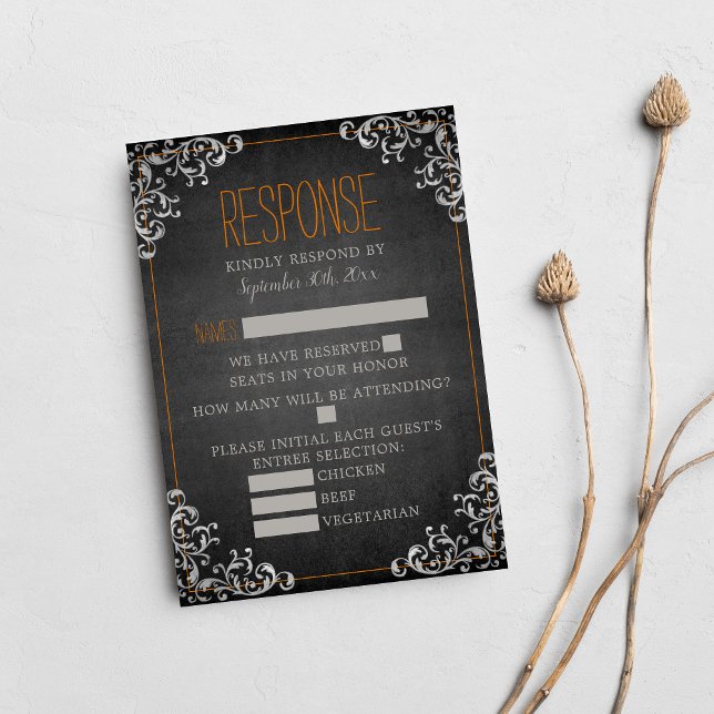 Gothic Flourish Halloween Orange Holiday Wedding RSVP Card (Creator Uploaded)