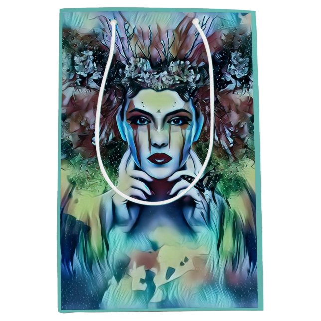 Gothic Flower Fairy Face Blue Fantasy Medium Gift Bag (Front)