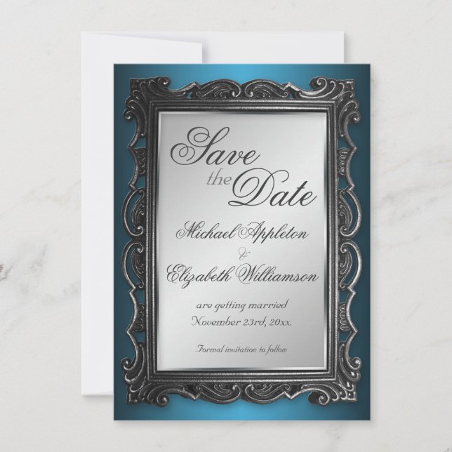 Gothic Frame Grey Blue Save the Date Announcements (Front)