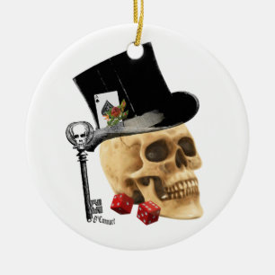 Gothic gambler skull tattoo design ceramic tree decoration