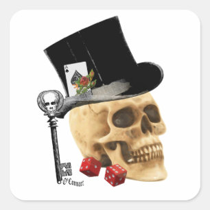 Gothic gambler skull tattoo design square sticker