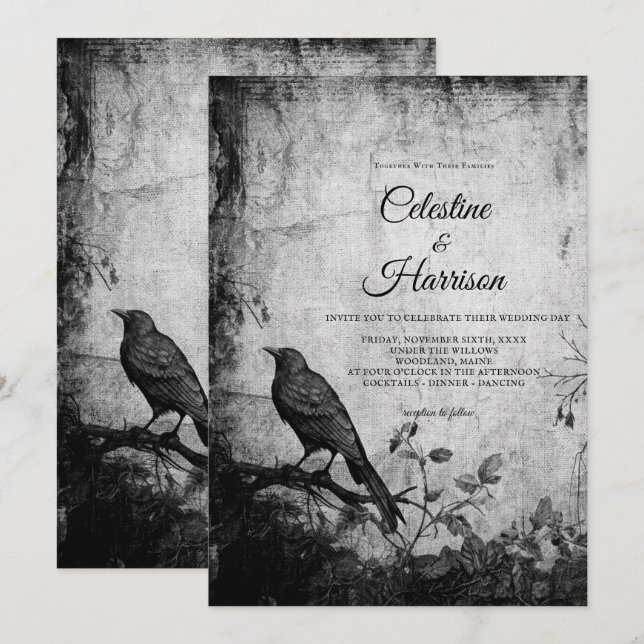 Gothic Garden Raven Black Wedding Invitation (Front/Back)