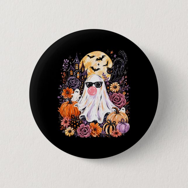 Gothic Ghost Blowing Bubble Halloween Pumpkin 6 Cm Round Badge (Front)