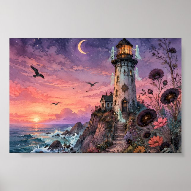 Gothic Ghost Lighthouse Sunset Whimsigoth Fantasy Poster (Front)