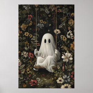 Gothic Ghost On Swing Art Print, Dark Academia Poster