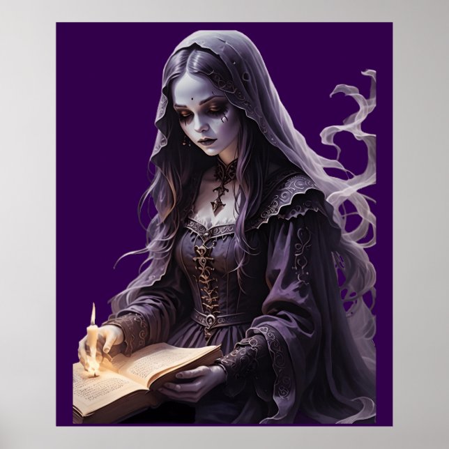 Gothic Ghost Reading A Book Of Spells By Candlelig Poster (Front)