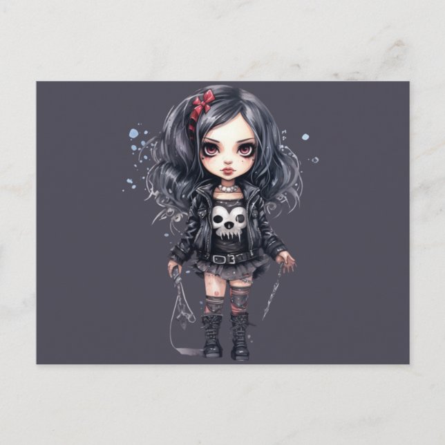 Gothic Girl Black and Grey Halloween Holiday Postcard (Front)