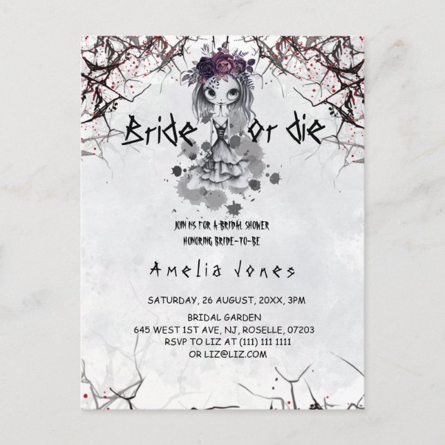 Gothic Girl Cute Bridal Shower  Postcard (Front)