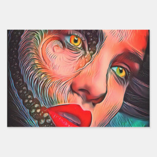 Gothic Girl Face Yellow Eyes Red Lips Wrapping Paper Sheet