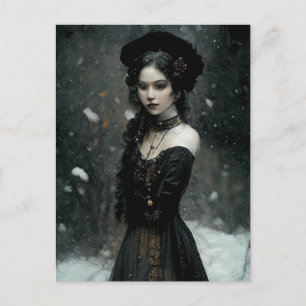 Gothic Girl in winter. Snowing. Postcard