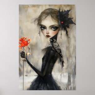 Gothic Girl Raven Red Rose  Poster