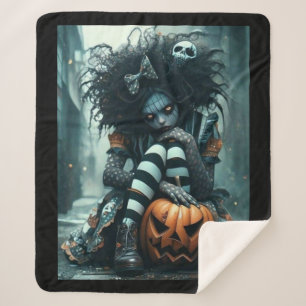 Gothic Girl with Pumpkin and Skull – Dark and Cozy Sherpa Blanket