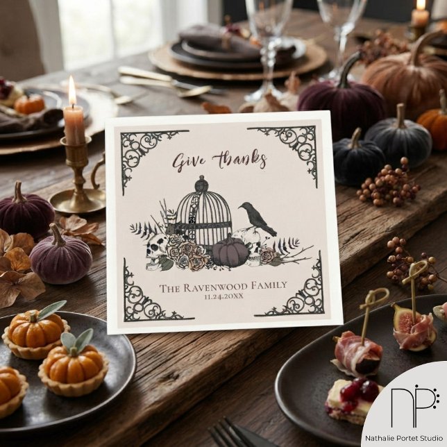 Gothic Give Thanks Birdcage Napkin (This gothic thanksgiving napkin features hand-drawn birdcages and skulls for elegant fall dinners.)